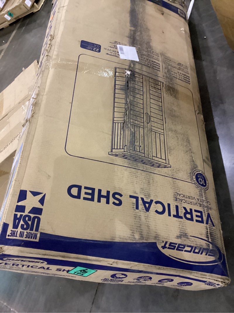 Condition photo showing As Is for suncast bms1250 vertical shed with floor - vanilla