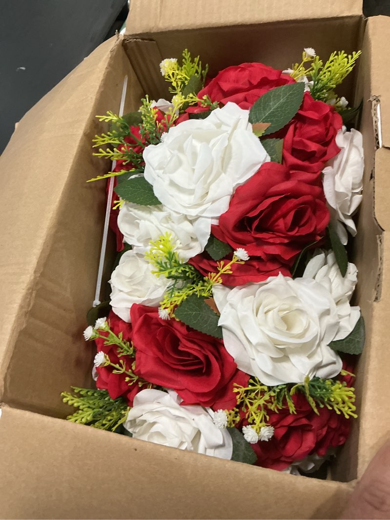 Condition photo showing Good Condition for 4 pcs flower balls white red flowers artificial rose for wedding centrepieces 9.5in diameter artificial flower ball arrangement bouquet fake rose flowers party centerpieces for weddings tables rose white red 4