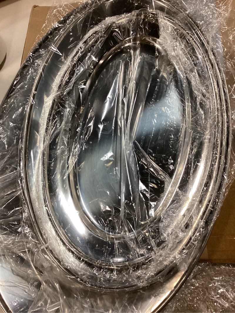 Condition photo showing Good Condition for 3 pcs stainless steel serving tray large oval platter set, 11.8" 13.8" 15.7" heavy duty metal oval serving platter mirror polish sizzle plate for fish dessert meat sushi birthday wedding