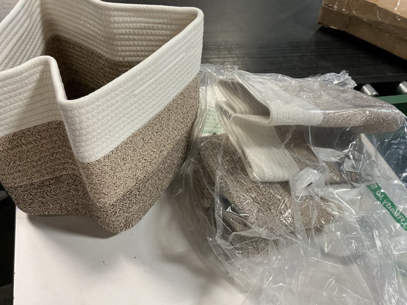Condition photo showing Good Condition for 3-pack storage cubes woven rope baskets -  organizer bins for closet, shelf, bookshelf, nursery, changing table, cube storage bins, storage baskets for bathroom toy & home gradient brown 9.05*9.05*7.08'' & 5.91*5.91*3.54\"