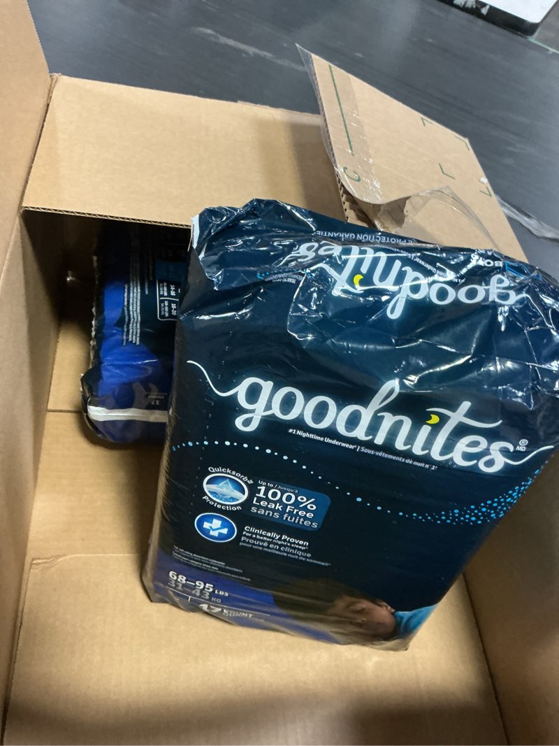 Condition photo showing Good Condition for Goodnites Boys' Nighttime Bedwetting Underwear, Size Large (68-95 lbs), 34 Ct (2 Packs of 17), Packaging May Vary Large 34