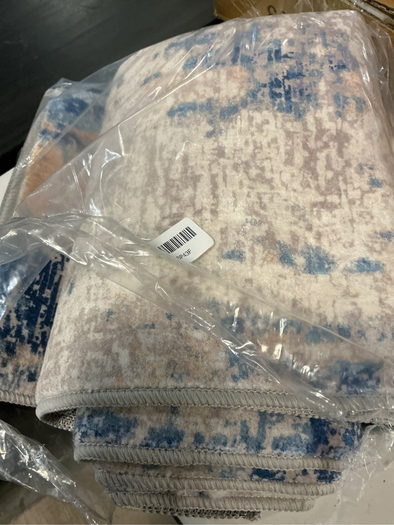 Condition photo showing Good Condition for lahome modern abstract blue bathroom rug, 2x6 washable long hallway rug soft non slip blue floor accent carpet runner for entryway kitchen laundry room doorway bedroom 2' x 6' blue/ivory