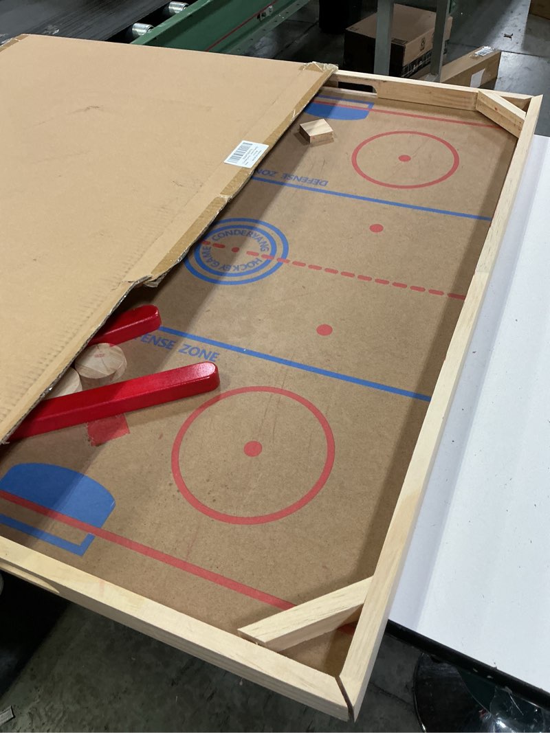 Condition photo showing As Is for Wooden Tabletop Hockey Game Includes 1 Wooden Game Board 2 Hockey Sticks and 2 Pucks Indoor and Outdoor Sports Board Games for Kids Children Adults Family