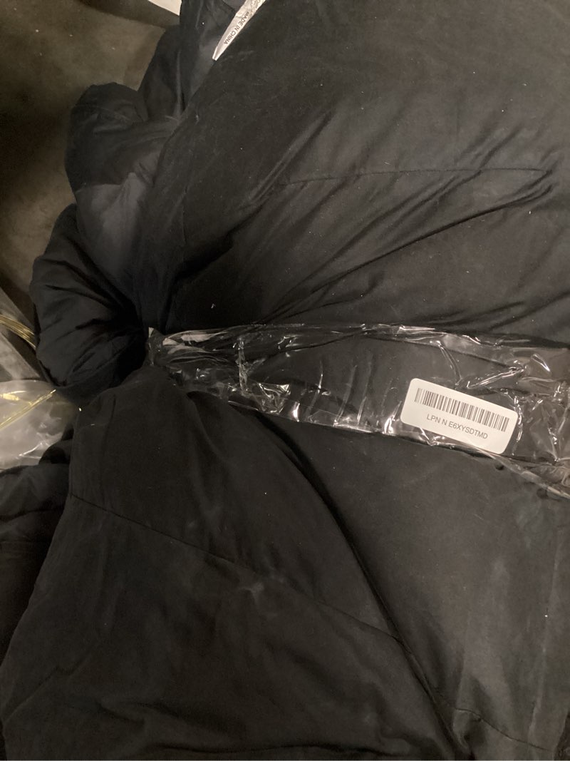 Condition photo showing As Is for three geese pinch pleat waterfowl feathers and down comforter queen size duvet insert, 1200tc 100% cotton fabric, premium all seasons blackgrey warm hotel comforter with 8 tabs. queen:90x90inches black-gray