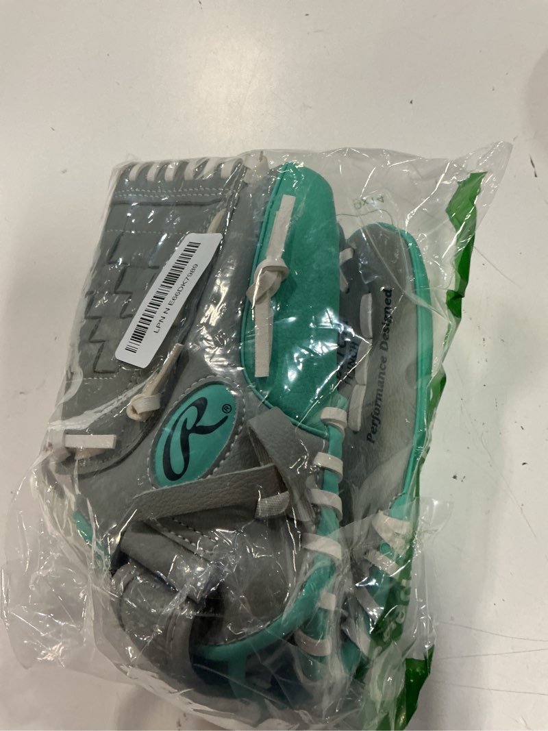 Condition photo showing Good Condition for rawlings | shut out youth softball glove white / teal | basket web 12.5" | outfield right hand throw