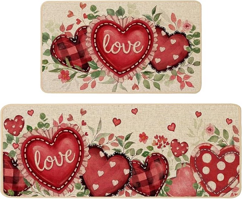 Baccessor Valentines Day Kitchen Mats Set of 2, Love Heart Floral Kitchen Rugs for Floor Low-Profile Anniversary Wedding Home Decor 17x29 and 17x47 Inch