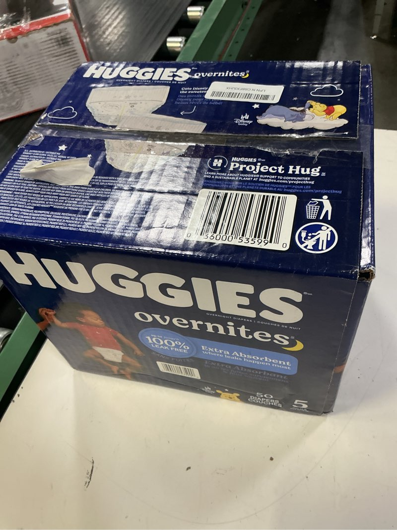 Condition photo showing New/Like New for huggies overnites size 5 overnight diapers (27+ lbs), 50 ct, packaging may vary size 5 50