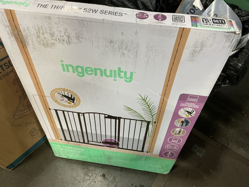 Condition photo showing New/Like New for ingenuity easy open baby gate & dog gate, hands-free open patent-pending foot pedal, 27.5"-52" wide, 28" tall, hardware or pressure mounted, install in doorway, bottom of stairs, or wall - espresso espresso 28"