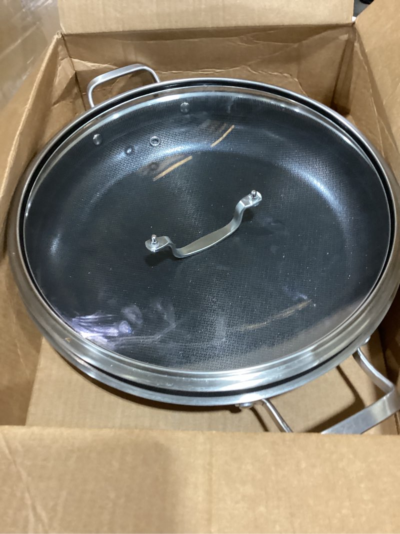 Condition photo showing As Is for yeksum tri-ply 14.5 inch stainless steel paella pan,12 servings paella pan with lid,18/10 nonstick large skillet,jumbo cooker,induction pan,skillets,for outdoors,camping,parties stainless steel hybrid 14inch