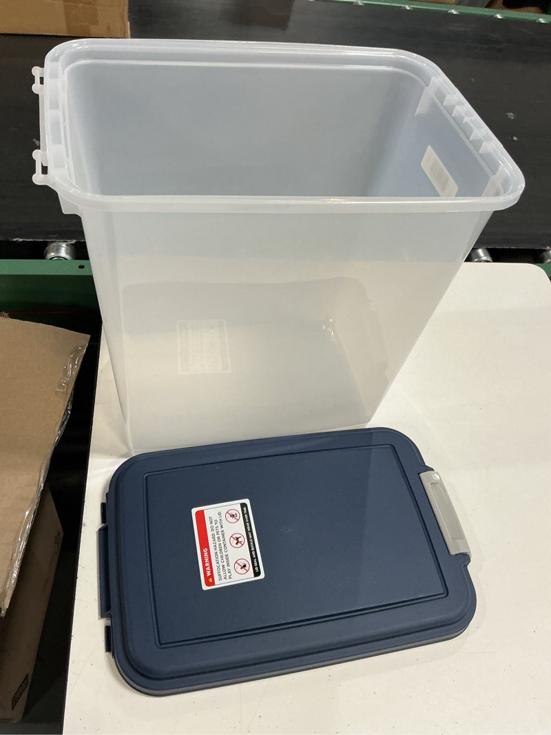 Condition photo showing As Is for iris usa airtight dog food storage container, up to 30 lbs, attachable wheels, for dog cat bird and other pet food storage bin, keep fresh, easy mobility, bpa free, navy