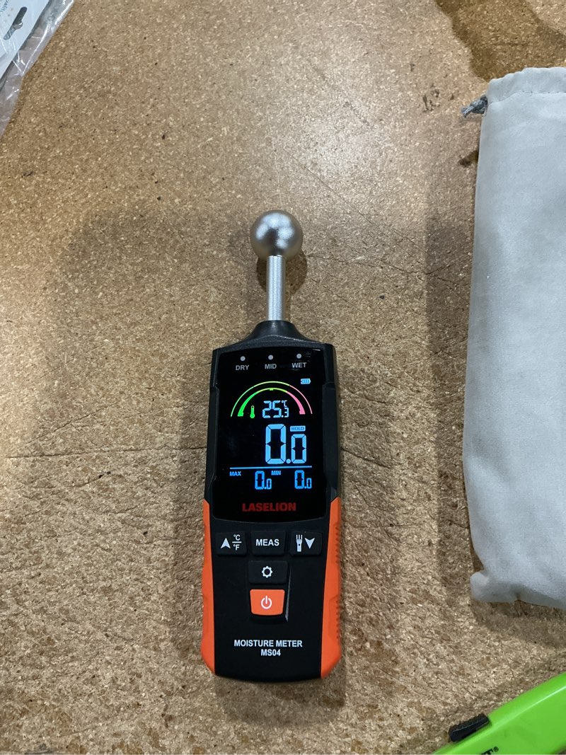 Condition photo showing Good Condition for laselion ms04 pinless moisture meter with ball probe for non-destructive area scans ideal for wood walls and construction materials customizable humidity alarms built-in flashlight