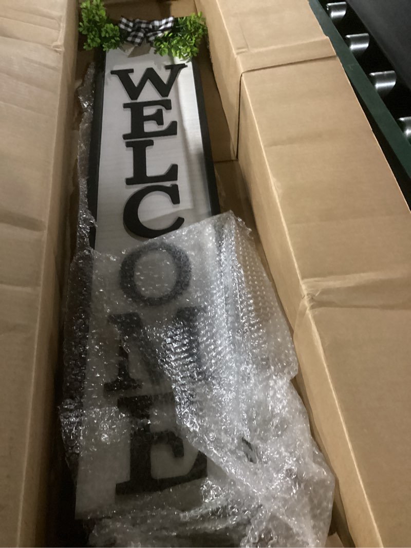 Condition photo showing As Is for welcome sign for front porch standing 45"x9" double-sided wood frame outdoor tall welcome signs vertical decor for farmhouse rustic home modern outside front door wall decorations black frame 9" x 45" basic design-double side