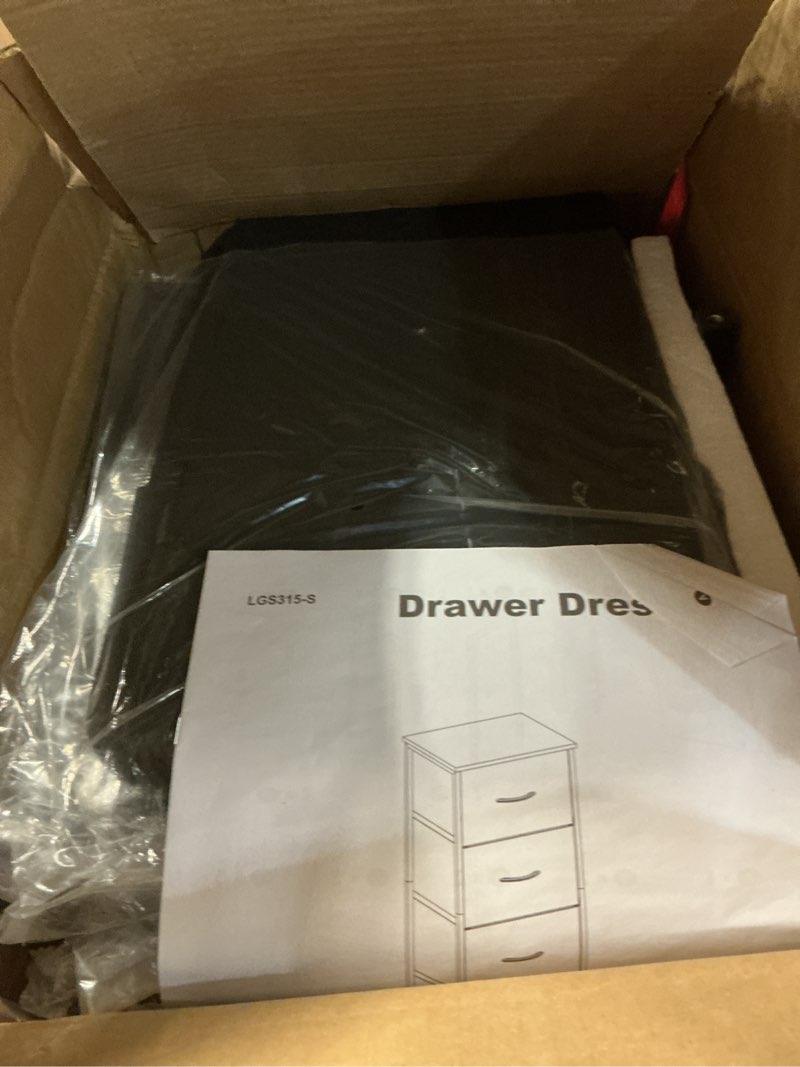 Condition photo showing As Is for songmics dresser for bedroom, chest of drawers, steel, mdf, 5 non-woven fabric drawers, storage organizer unit, closet, entryway, ink black and ebony black lgs315b01s ink black + ebony black 11.8"d x 15.6"w x 45.9"h (5 drawers)