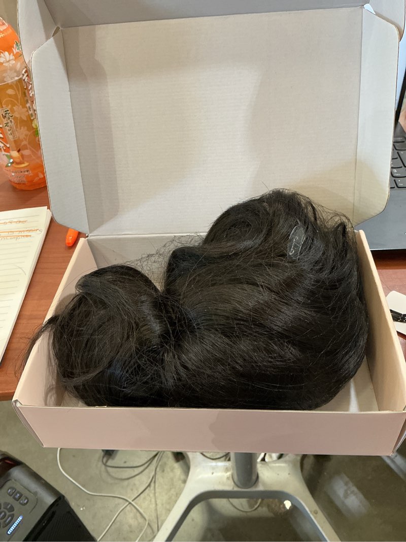 Condition photo showing Good Condition for reecho messy bun hair piece with bangs – 2-in-1 drawstring ponytail extension updo wig & hair topper with long side bangs, natural-looking hair bun hairpieces for women - black brown