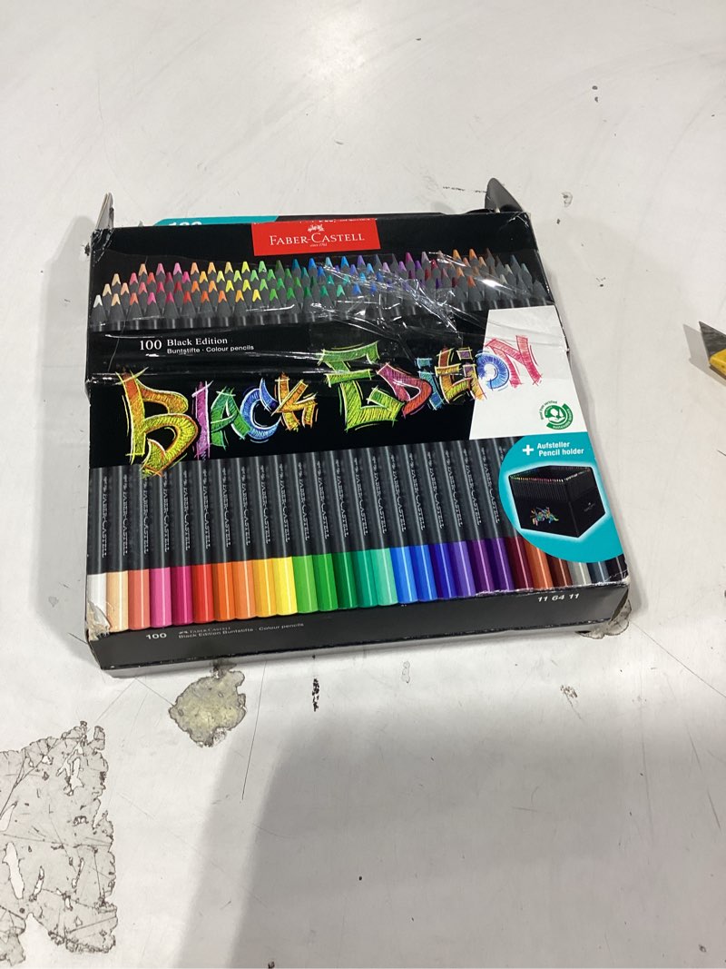 Condition photo showing As Is for faber-castell black edition colored pencils set: soft core pencils with bold pigment and smooth laydown, break-resistant leads, ergonomic grip, and foldable storage sleeve (100 count) wood