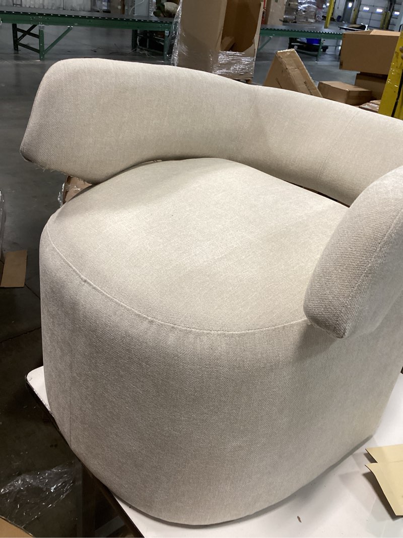 Condition photo showing As Is for KINWELL 32\\\" Wide Modern Boucle Swivel Barrel Chairs Set of 1 No Assembly Round Upholstered Swivel Accent Armchairs for Living Room, Bedroom (Oatmeal) Oatmeal Set of 1