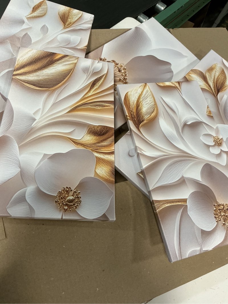 Condition photo showing Good Condition for cxhostent luxury white and gold floral 3d wall art 5 pieces flower picture canvas prints abstract elegant white floral painting for home decor framed (white, 8x14inx2 8x18inx2 8x22inx1) white 8x14inx2 8x18inx2 8x22inx1