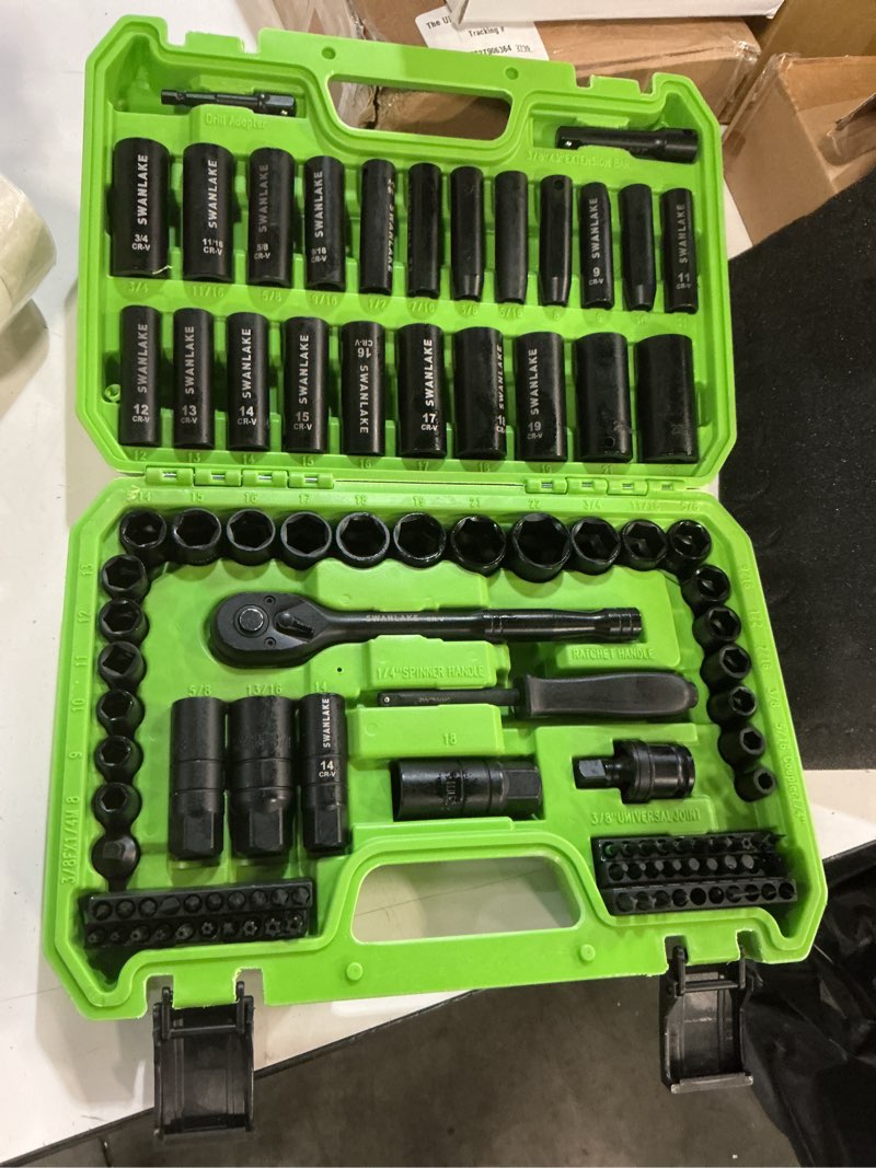Condition photo showing New/Like New for 105-piece 3/8" drive impact socket set, sae (5/16 to 3/4 inch) and metric (8-22mm) 6 point cr-v steel socket wrench set, extension bars, universal joint, ratchet handle, screwdriver bit mechanic tool 3/8'' 105pcs