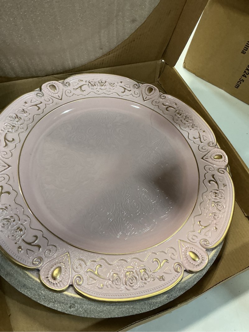 Condition photo showing Good Condition for 13" light pink charger plates set of 6 floral embossed pink chargers for dinner plates, round server ware charger plates for wedding party event 6 light pink