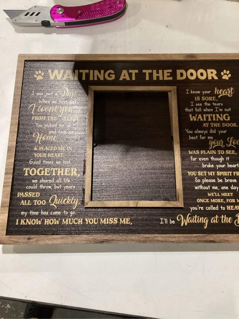 Condition photo showing Good Condition for dog memorial frame - waiting at the door wooden picture frame for pet loss, 8''x10'' - pup remembrance keepsake, bereavement decor home, sympathy gift for pets owner, dogs mom dark brown