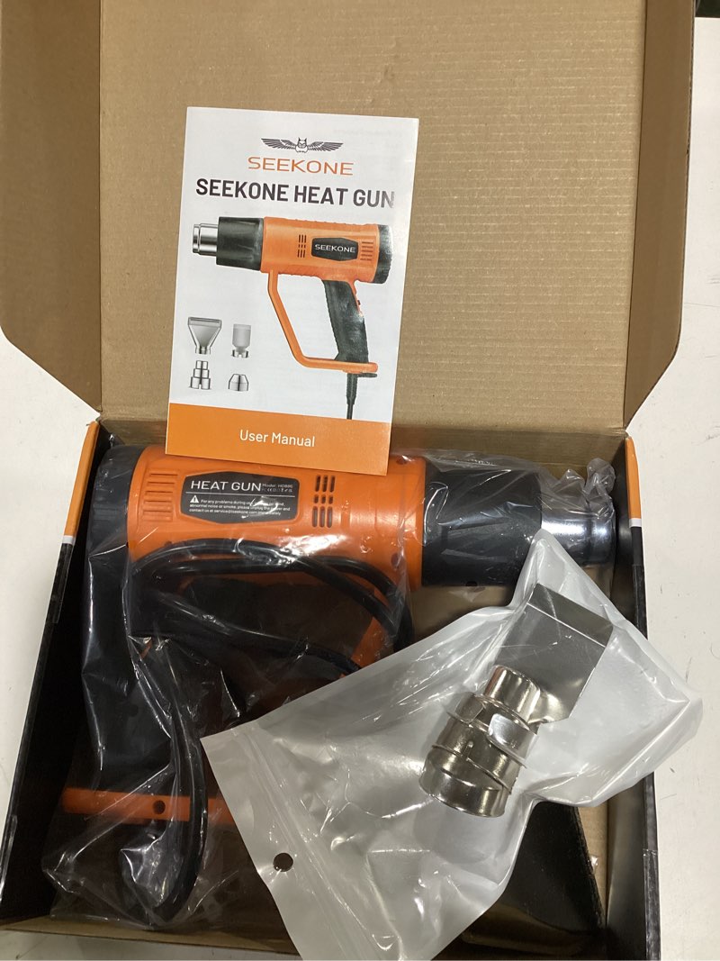 Condition photo showing Good Condition for SEEKONE Heat Gun 1800W Heavy Duty Fast Heat Hot Air Gun Kit with 752?&1112??400?-600?? Dual-Temperature Settings and 4 Nozzles with Overheat Protection for Crafts, Shrinking PVC, Stripping Paint