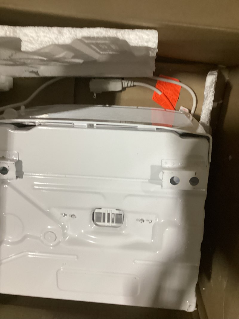 Condition photo showing As Is for frigidaire 5,000 btu window-mounted air conditioner, cools up to 150 sq. ft., quiet operation, effortless temperature control, 2 fan speeds, auto restart, white 5,000 btu mechanical controls