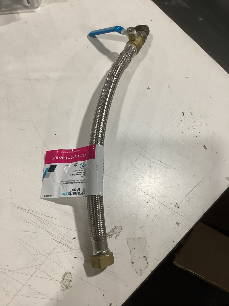 Condition photo showing As Is for sharkbite max 18-in 1/2-in push-to-connect inlet x 3/4-in fip outlet braided stainless steel water heater connector