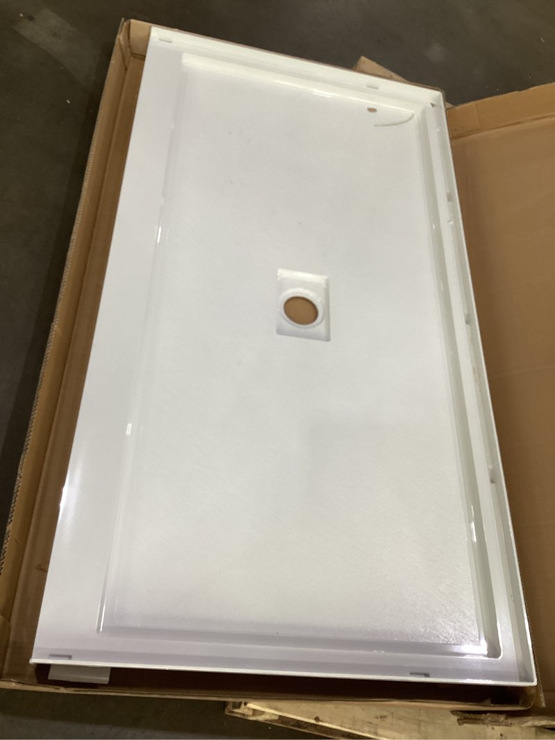 Condition photo showing As Is for woodbridge 60\"l x 32\"w shower combo kits with glue up shower walls in glossy white and shower base with center drain in white hg white/white(brushed nickel cover) wall panel+shower base, incomplete