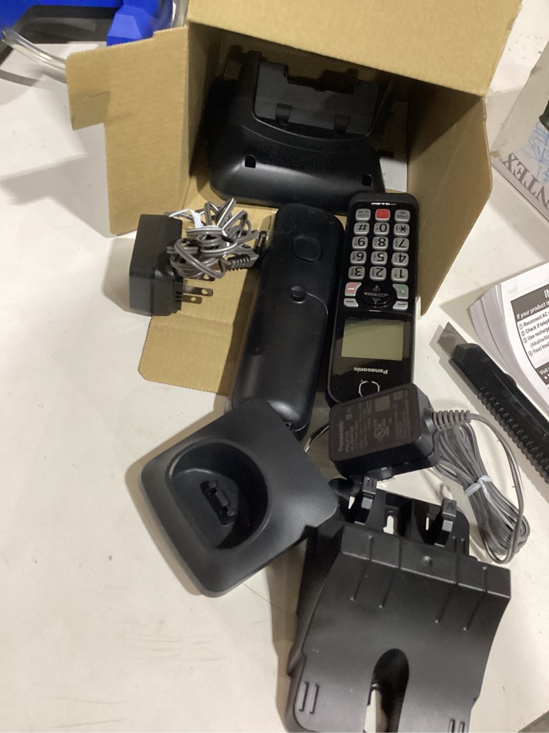 Condition photo showing Good Condition for panasonic cordless phone with answering machine, advanced call block, bilingual caller id and high-contrast display, expandable system with 2 handset cordless telephones - kx-tgd832m (metallic black) 2 handsets black