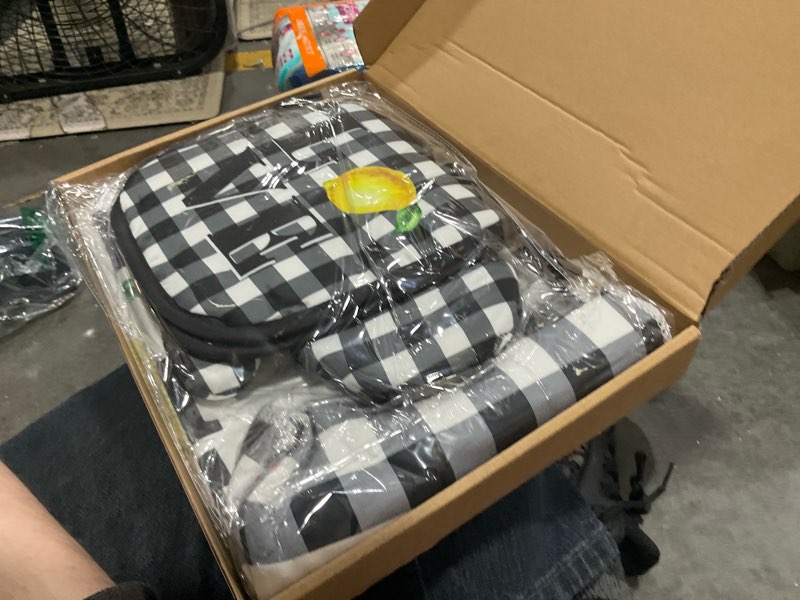 Condition photo showing Good Condition for 5 pieces buffalo plaid kitchen towels oven mitts and pot holder set black and white kitchen towels oven gloves, hot pads pot holders for farm house accessories decor(lemon)