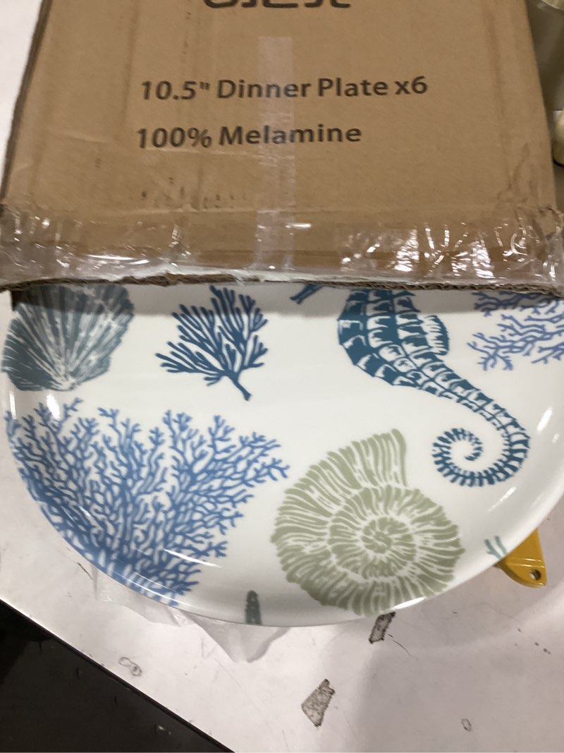 Condition photo showing Good Condition for UNK U 10.5-Inch Ocean Theme Melamine Plates Set of 6, Nautical Seashell Dinner Plates, Dishwasher Safe Beach Party Plates for Coastal Dining & Special Events