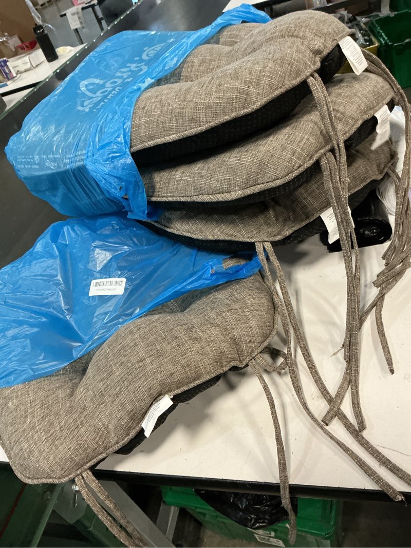 Condition photo showing Good Condition for chair cushions for dining chairs set of 4, kitchen chair cushions, chair pads with ties and non slip backing, tufted memory foam seat cushion 4 pack, 18" x 18" x 4", khaki 18" x 18" x 4" khaki 4