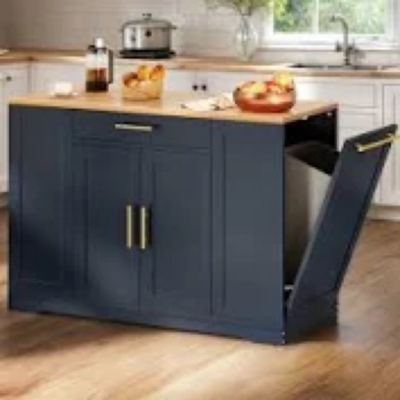 cushing rolling kitchen island with wood top & trash can storage cabinet