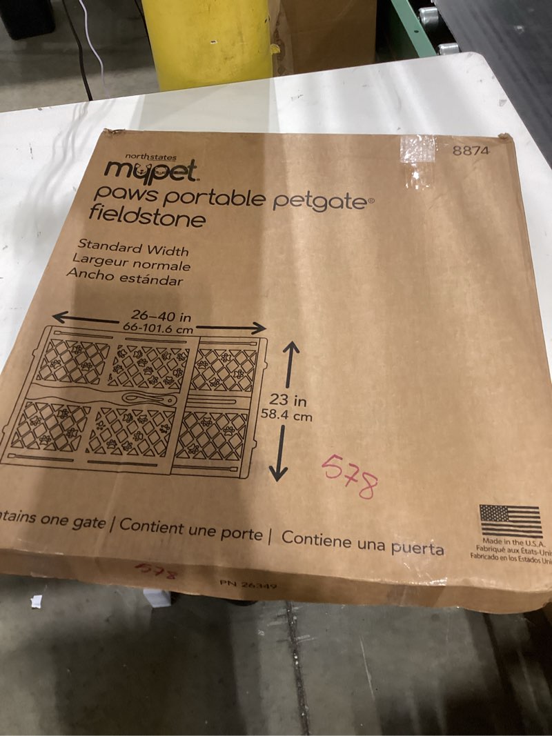 Condition photo showing New/Like New for MYPET North States Paws Portable Pet Gate: 26-40" Wide. Pressure Mount. No Tools Needed. Made in USA, 23" Tall, Expandable, Durable Dog Gates for Doorways, Fieldstone Gray