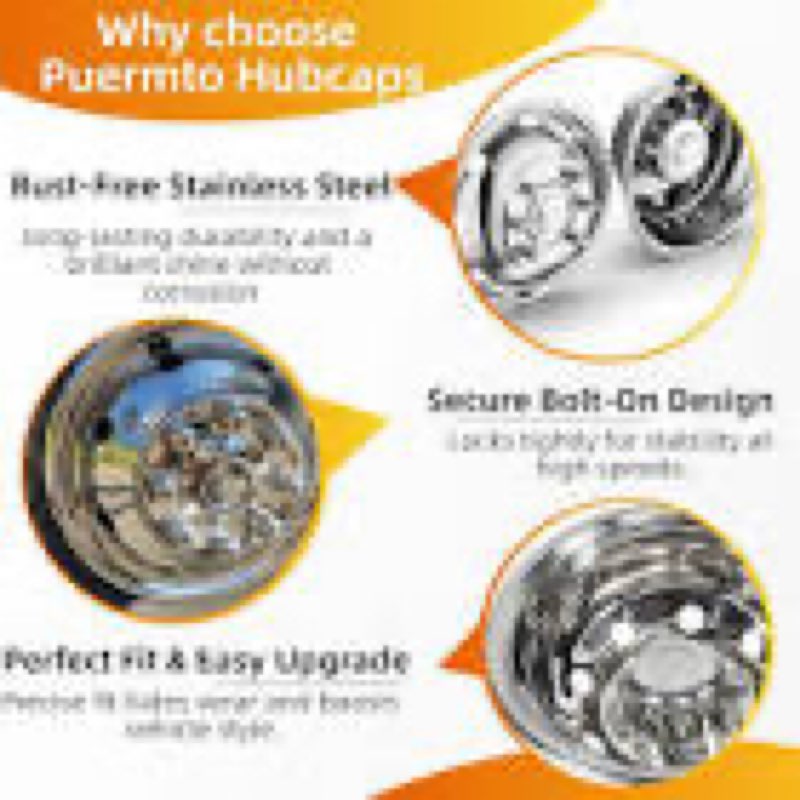 Puermto 4pc 16" Wheel Simulators, Heavy Duty Bolt On 8 Lug Hubcaps, 8 Hand Hole Polished Stainless S