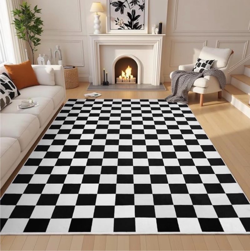 Washable Rug 8x10 Checkered Rug, Beige and White Area Rug, Boho Large Rugs for Living Room, Low Pile Lightweight Indoor Carpet with Non-Slip Backing for Bedroom Classroom Playroom Kids 8x10 feet Black and White