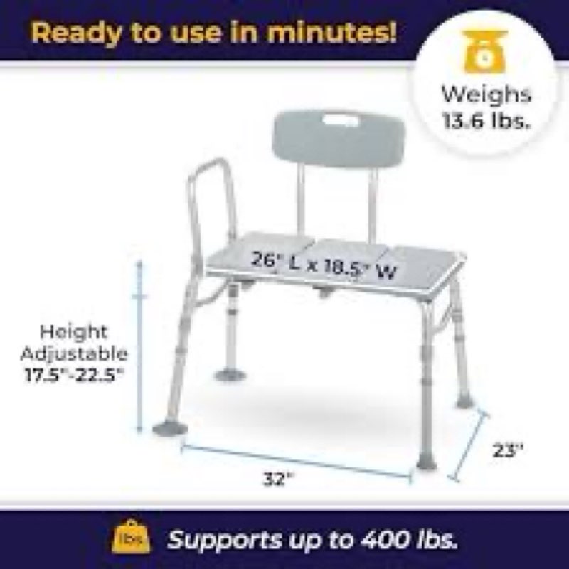 Drive Medical 12011KD-1 Tub Transfer Bench For Bathtub, Height Adjustable Shower Bench with Backrest, Shower Shower Chair Bath Seat for Elderly, Seniors, Arm Support for Transfer, 400 Weight Cap