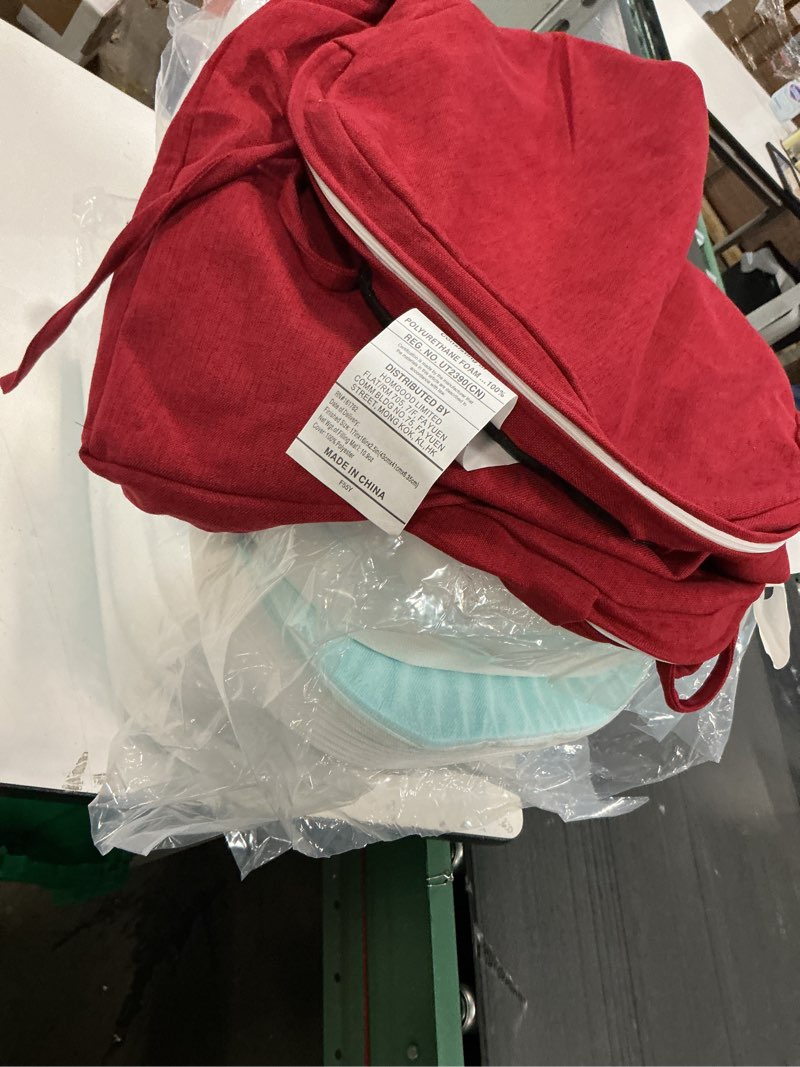 Condition photo showing As Is for downluxe Chair Cushions for Dining Chairs, Memory Foam Linen Kitchen Chair Pads with Ties, Waterproof, Stain-Resistant and Washable Cover, 17" x 16" x 2.5", Burgundy, 6 Pack Burgundy Pack of 6