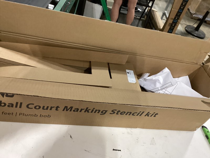 Condition photo showing As Is for quick setup backyard basketball court marking kit – snap-fit stencils for concrete,asphalt,residential driveway,with reusable & easy storage cardboard (for high school)-paint not included