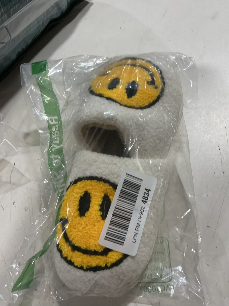 Condition photo showing Good Condition for dubuto smile face slippers for girls boys, cute soft plush anti-slip fluffy fuzzy house slippers with memory foam warmth cartoon happy face shoes for indoor outdoor
