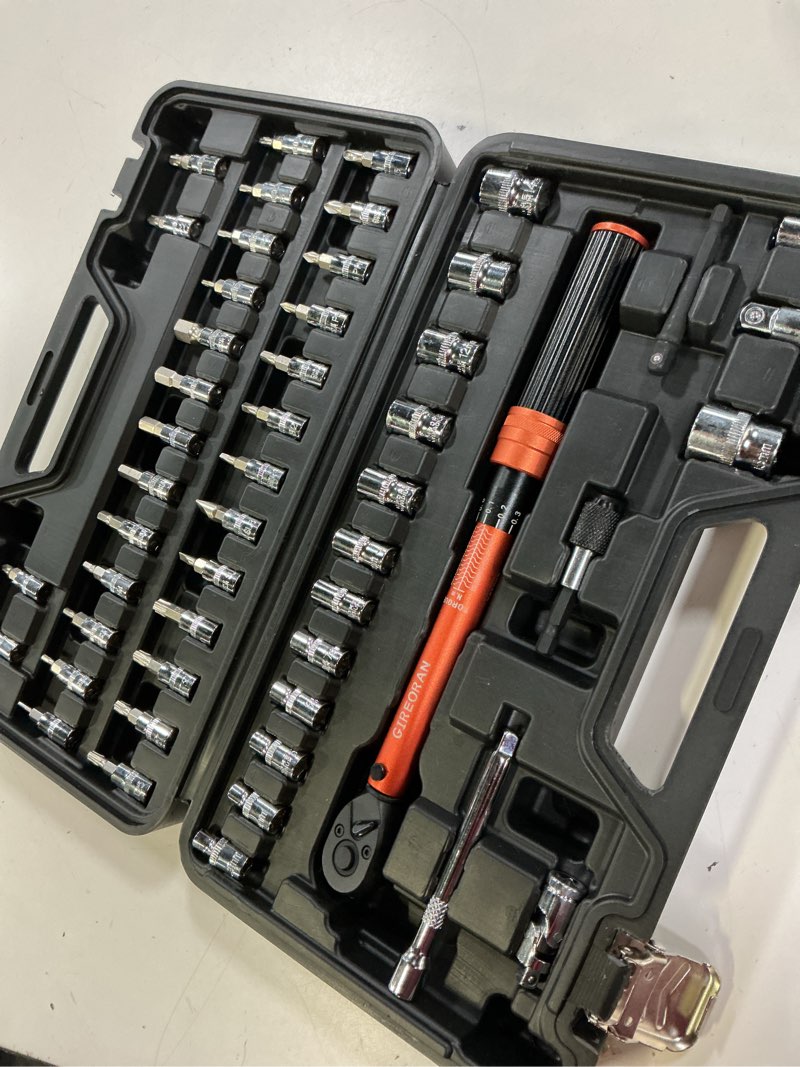 Condition photo showing Good Condition for gireoran 50pcs bike torque wrench set, 1/4 inch torque wrench(1~25 nm/8.9~221.3 in-lb), 72-tooth gear, dual-direction click type, 0.1 nm micro, inch pound torque wrench with bit sockets, bike tool kit