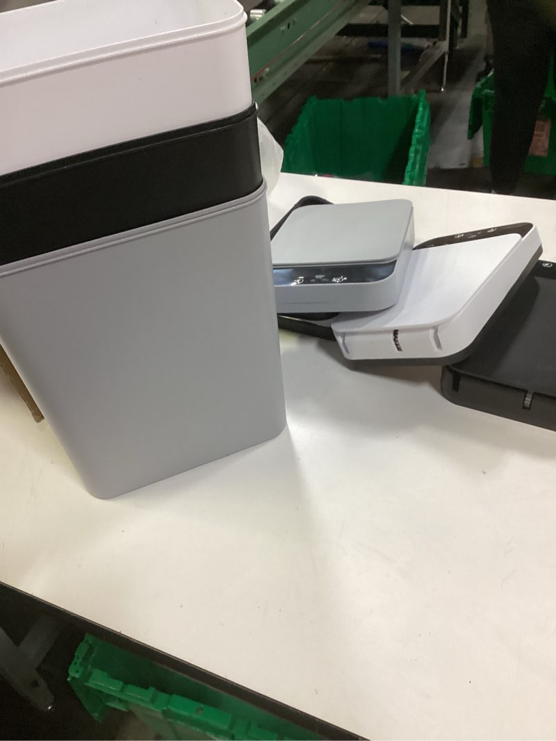 Condition photo showing As Is for 3Pack Bathroom Small Trash Can with Lid, 2.6 Gallon Touchless Automatic Garbage Can Slim Waterproof Motion Sensor Smart Trash Bin for Bedroom, Office, Living Room White/Black/Grey Mix