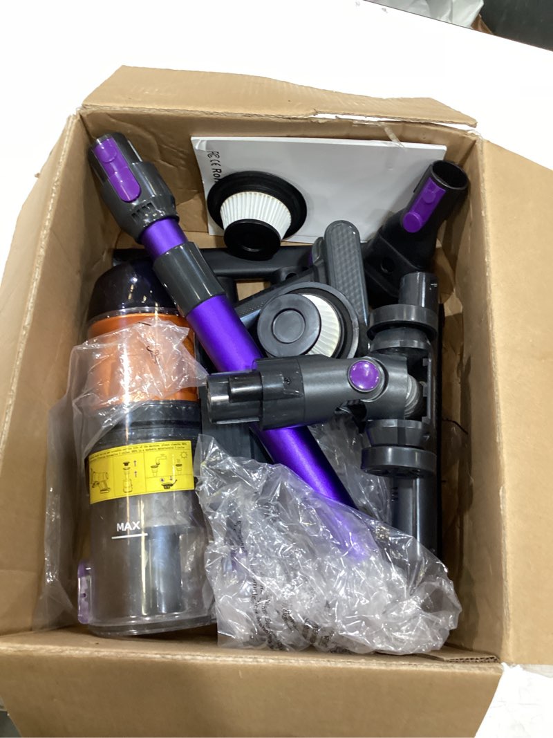 Condition photo showing As Is for cordless vacuum cleaner for home, 580w/48kpa powerful suction, 65 min runtime, lightweight stick vacuum with touch screen & wall mount, handheld vacuum for pet hair, carpet & hard floors purple