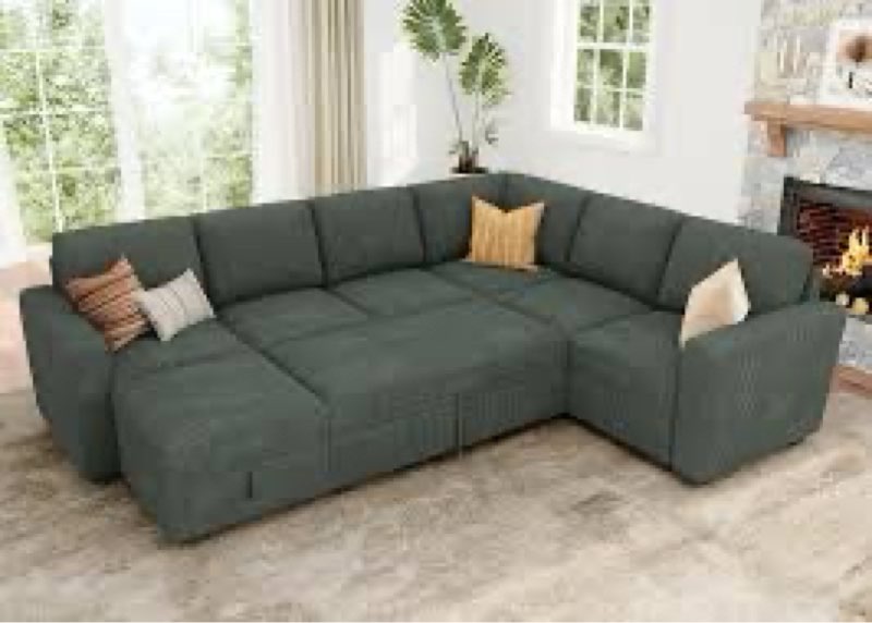 (Incomplete only one box)  HONBAY Modular Sectional Sleeper Sofa, Corduroy 6 Seater Couch with Storage, Sectional Sleeper Couch