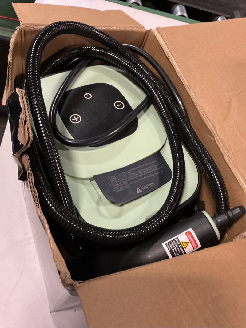 Condition photo showing As Is for steam cleaner, portable steamer for cleaning with 16pcs accessories, 6-level adjustable and 15s heat-up, handheld steam cleaner for home, tile, dirt, grout, grease, car detailing green