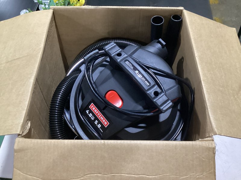 Condition photo showing As Is for craftsman 5-gallon 4-hp corded wet/dry shop vacuum with accessories included