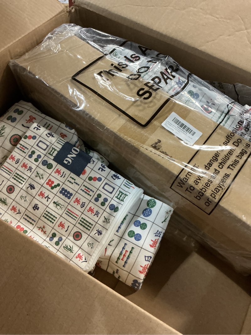 Condition photo showing Good Condition for american mahjong tile set, 166 blue tiles, 4 all-in-one rack/pushers, complete western mahjong set with mah jong printed carrying bags