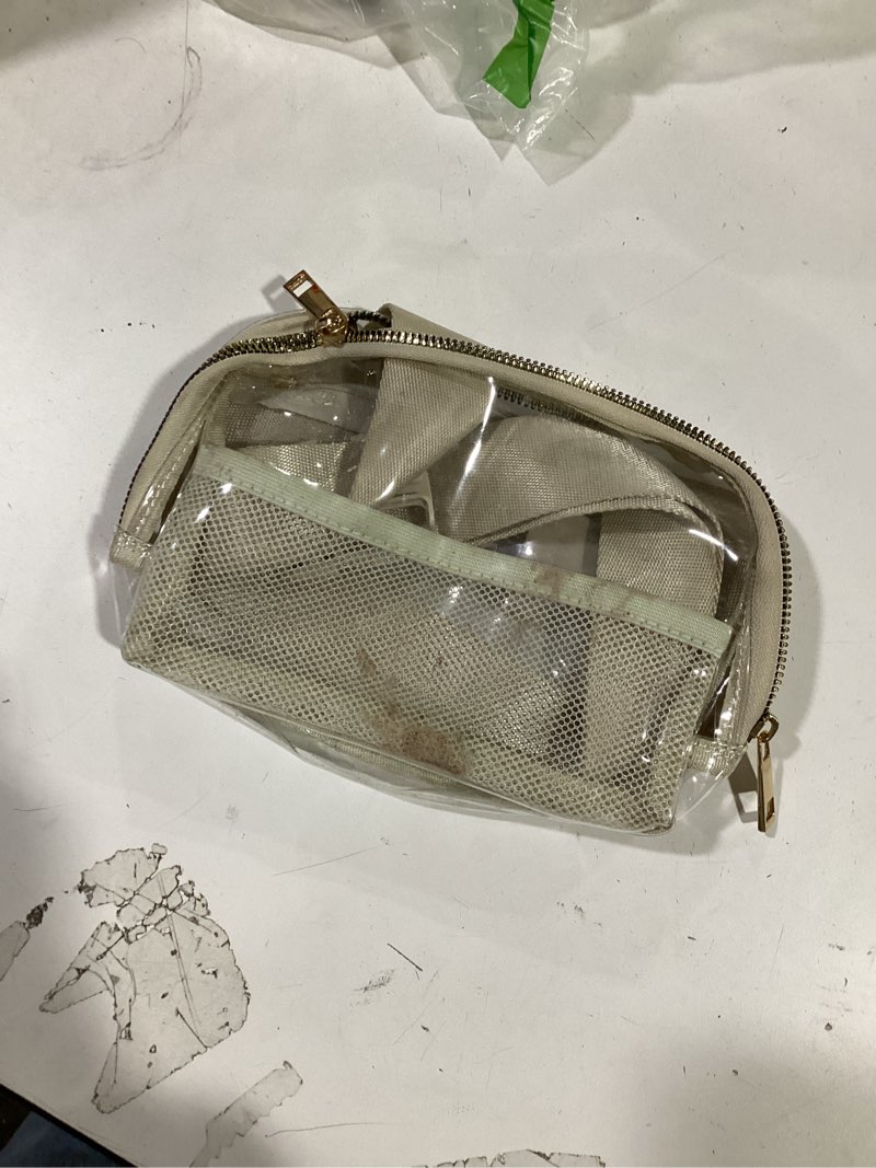 Condition photo showing As Is for Clear Fanny Pack Belt Bag Stadium Approved for Women Men with Adjustable Strap Water-resistant Waist bag Clear Purse for Travel Workout Running Hiking(Beige)