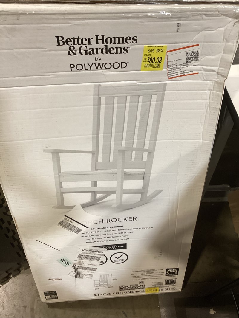 Condition photo showing As Is for better homes & gardens by polywood southlake outdoor rocking chair  all-weather hdpe  patio seat  white