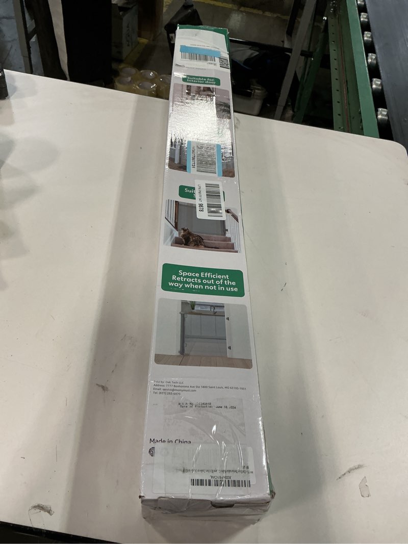 Condition photo showing As Is for No Drilling Retractable Baby Gates for Stairs with Auto-Lock, 33" x 55" Mesh Baby Dog Pet Cat Gate with Double Locking for Doorways, Durable Child Safety Gate for Hallways Kitchen Indoor Outdoor Gray Gray 33"Tall 55"Wide NO-Drill